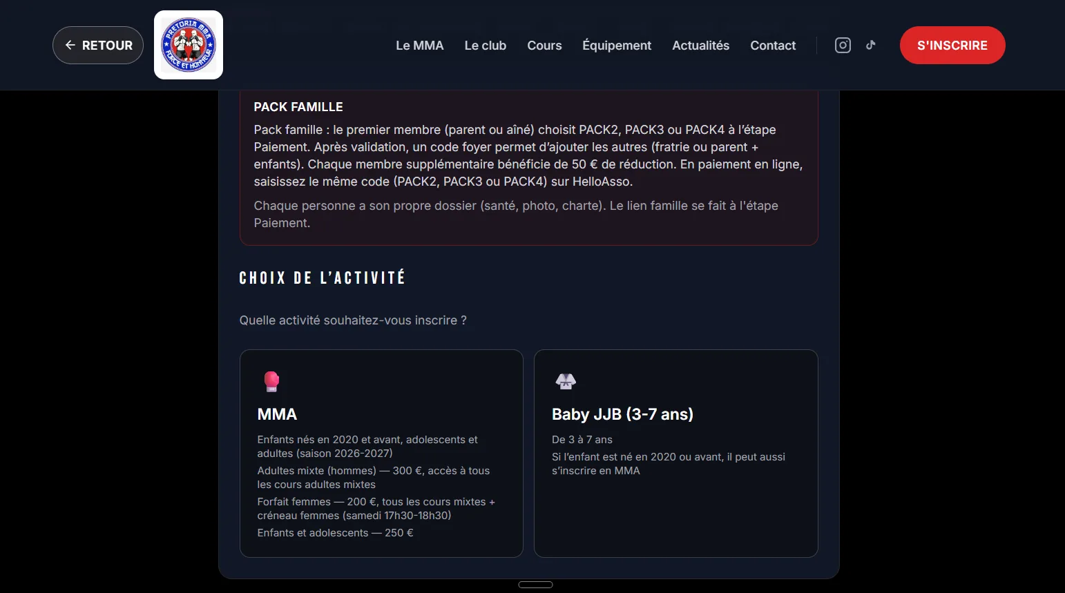 L'étape du choix de l'activité, avec l'explication du pack famille