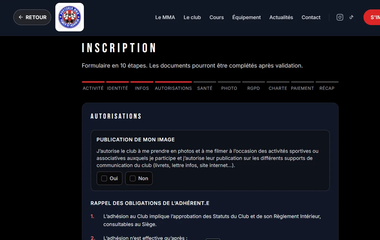 Le parcours d'inscription étape par étape, à l'étape des autorisations et du droit à l'image